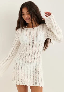 Boat Neck Structure Knitted Short Dress