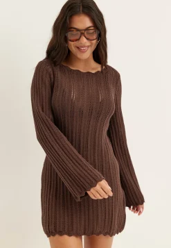 Boat Neck Structure Knitted Short Dress