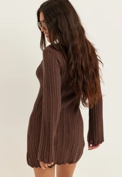Boat Neck Structure Knitted Short Dress