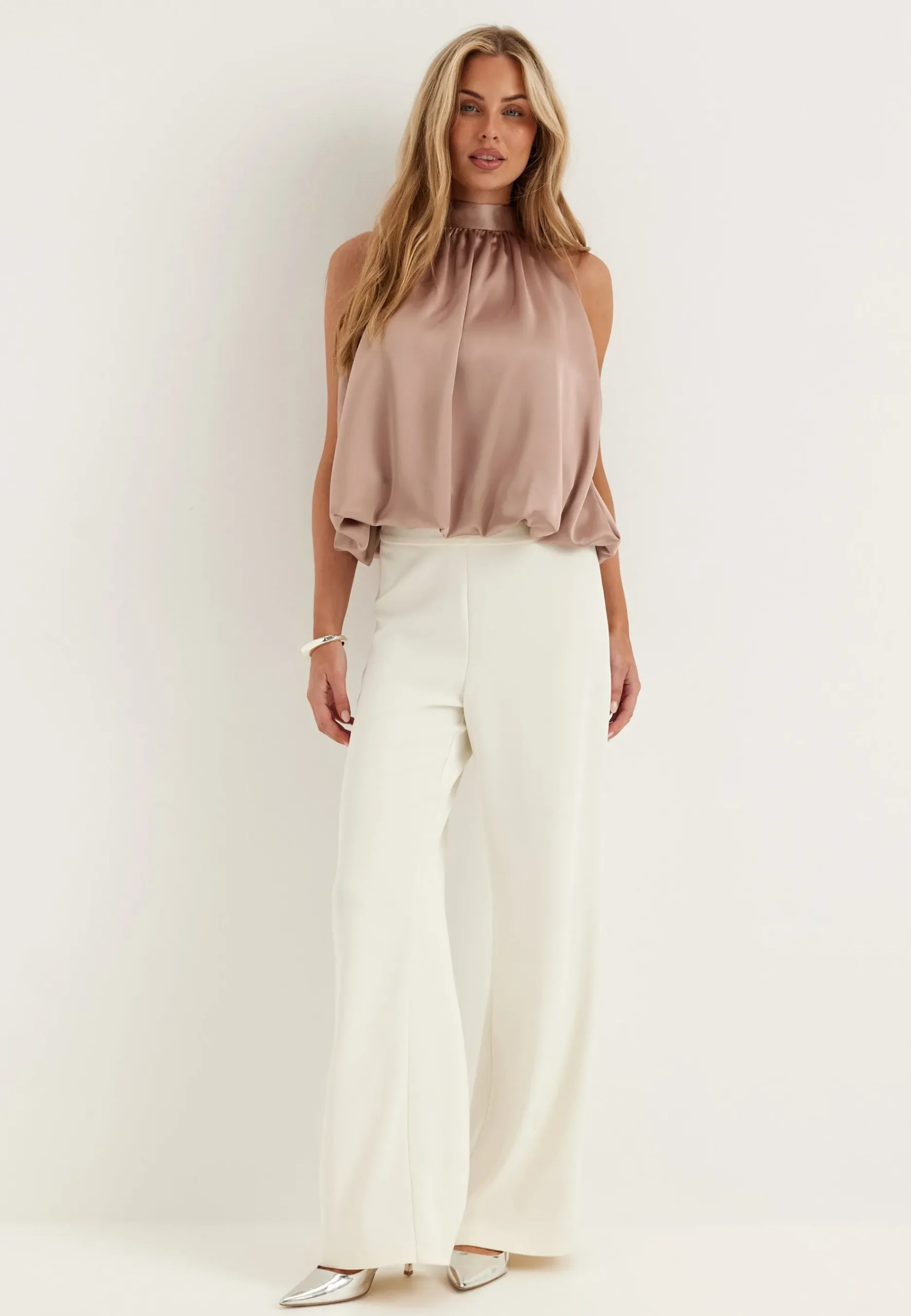 Bubble-Hem Halterneck Satin top