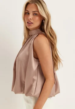 Bubble-Hem Halterneck Satin top
