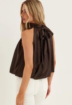 Bubble-Hem Halterneck Satin top