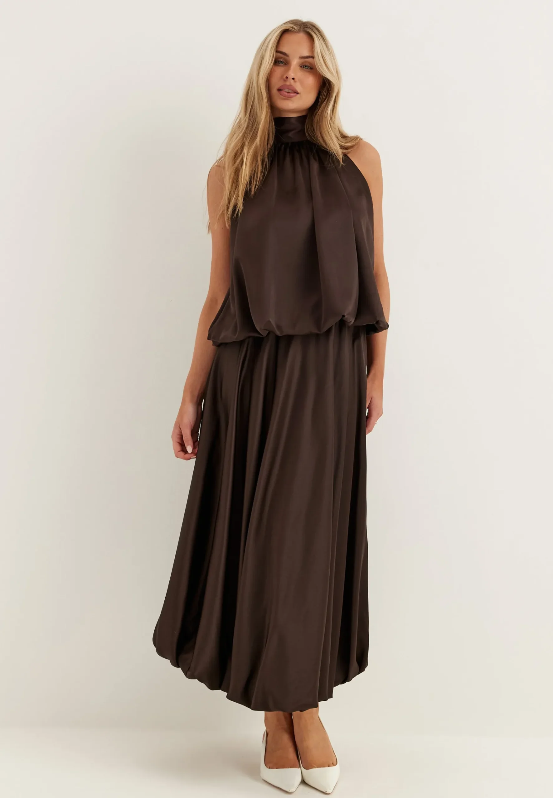 Bubble-Hem Halterneck Satin top