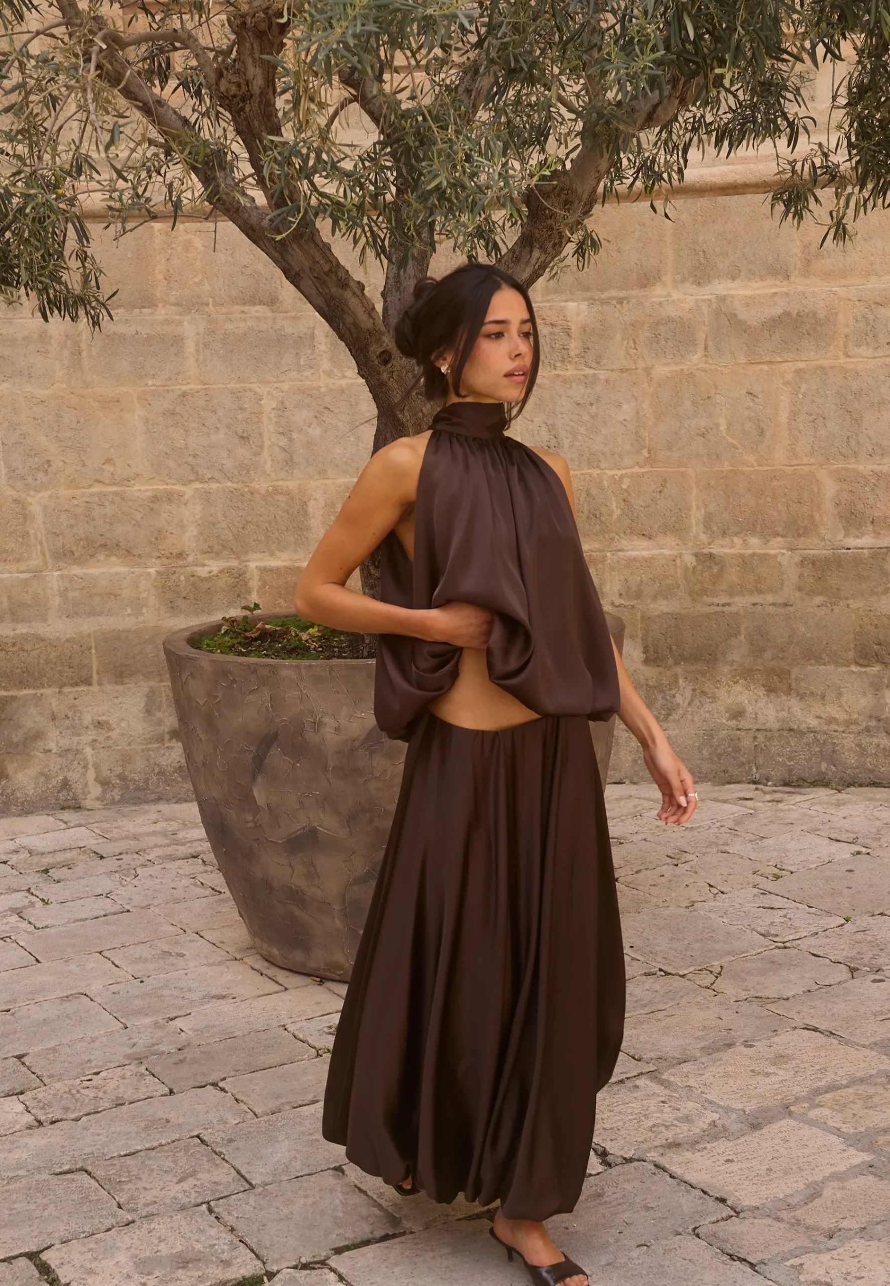 Bubble-Hem Halterneck Satin top