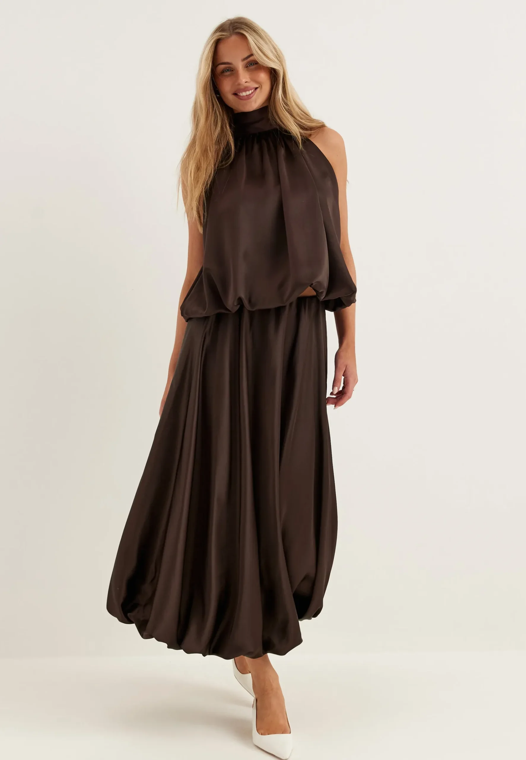 Bubble-Hem Satin Ankle Skirt