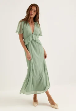 Butterfly Sleeve Chiffon Ankle Dress