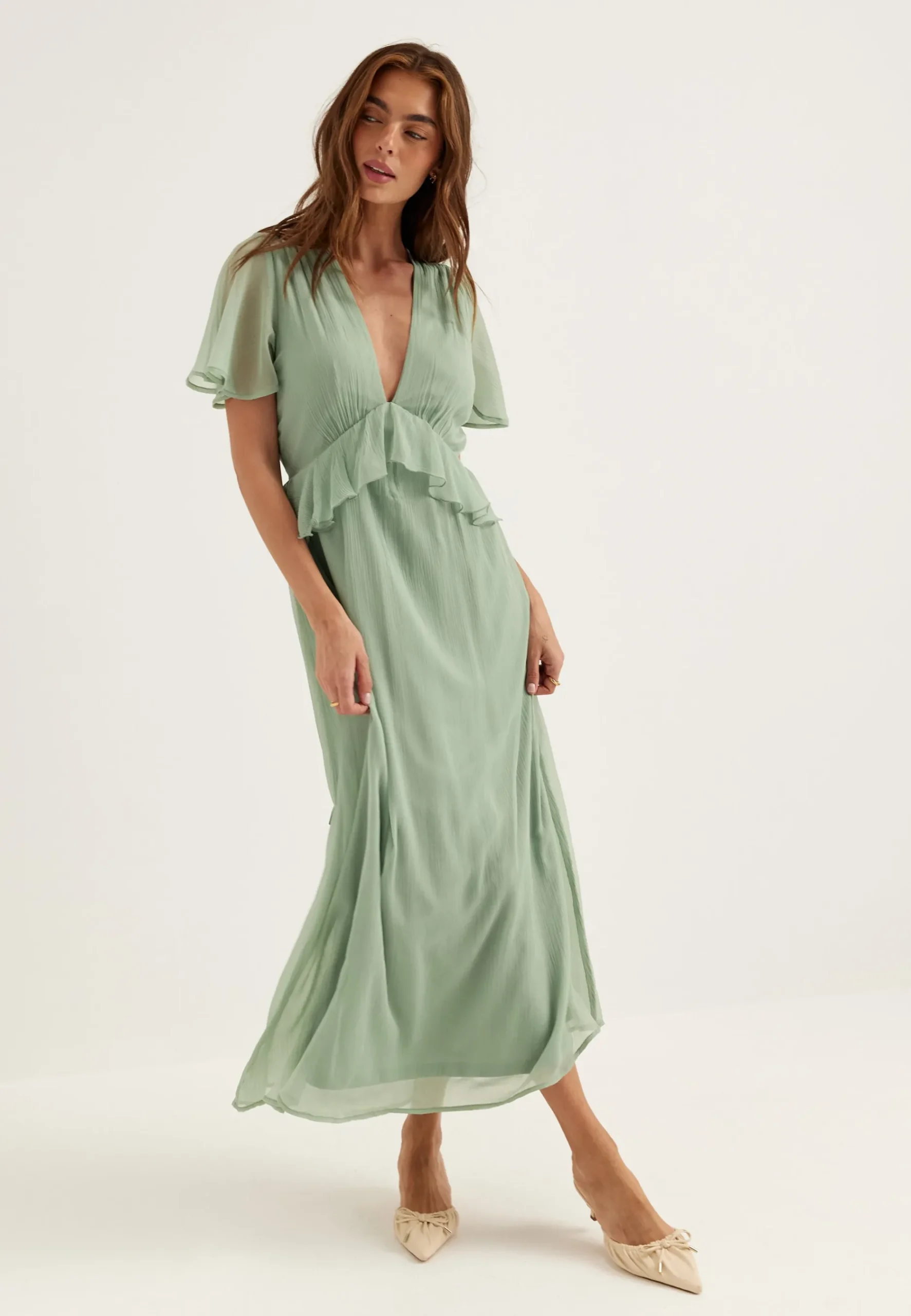 Butterfly Sleeve Chiffon Ankle Dress