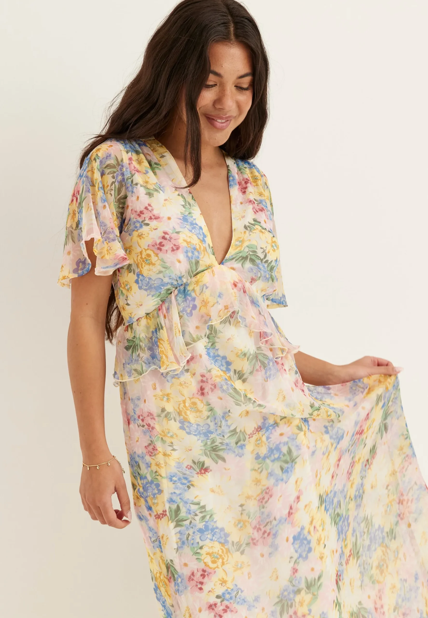 Butterfly Sleeve Chiffon Ankle Dress
