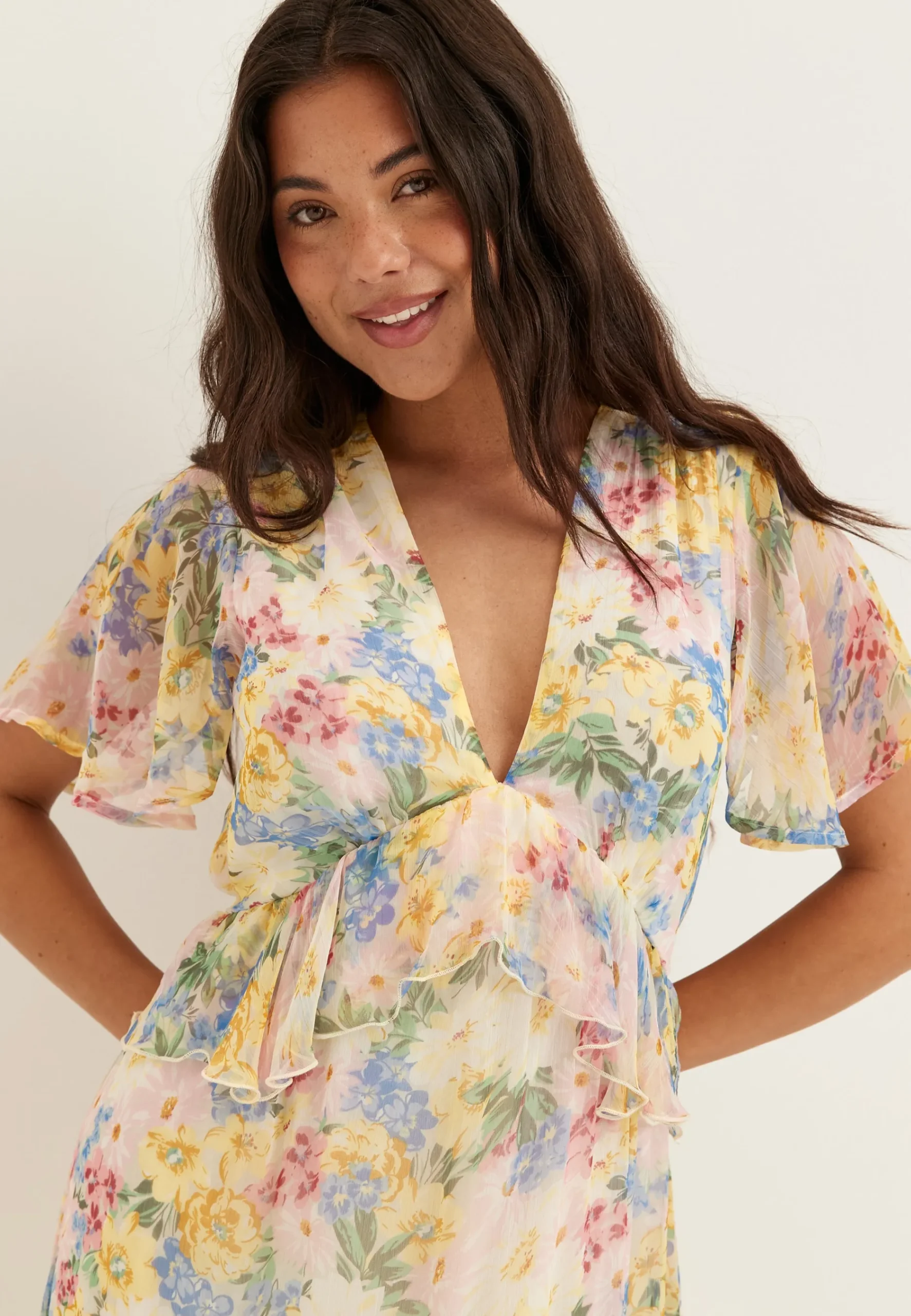 Butterfly Sleeve Chiffon Ankle Dress