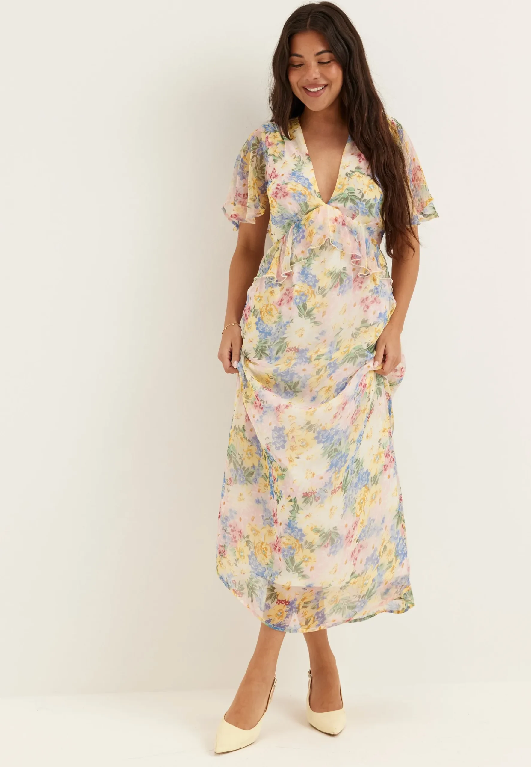 Butterfly Sleeve Chiffon Ankle Dress