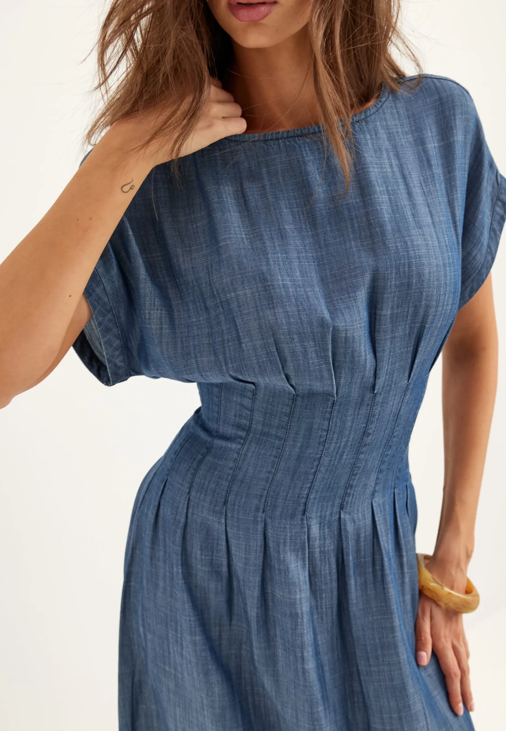 Denim Pleated Midi Dress