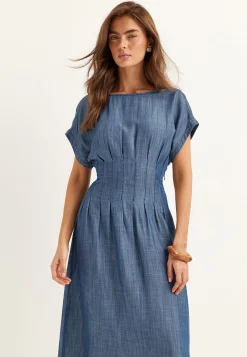 Denim Pleated Midi Dress