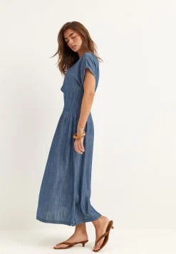 Denim Pleated Midi Dress