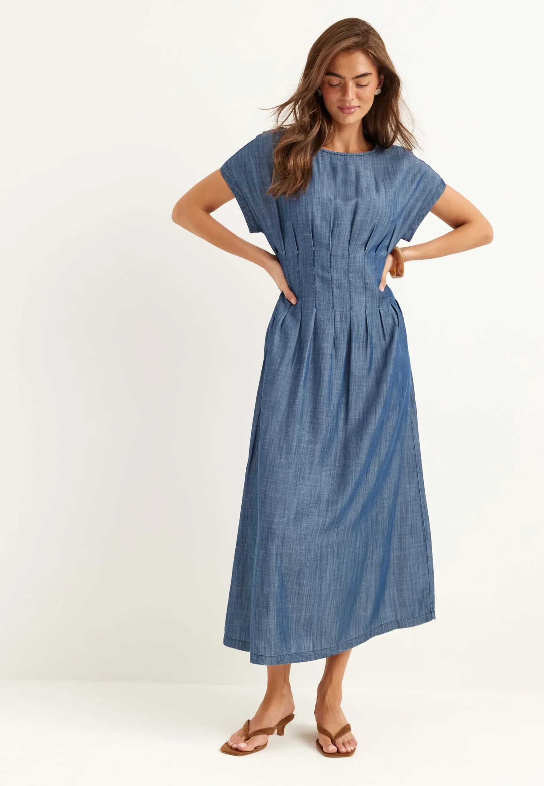 Denim Pleated Midi Dress