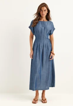 Denim Pleated Midi Dress