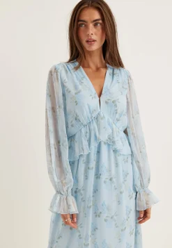 Frill L/S Chiffon Midi Dress