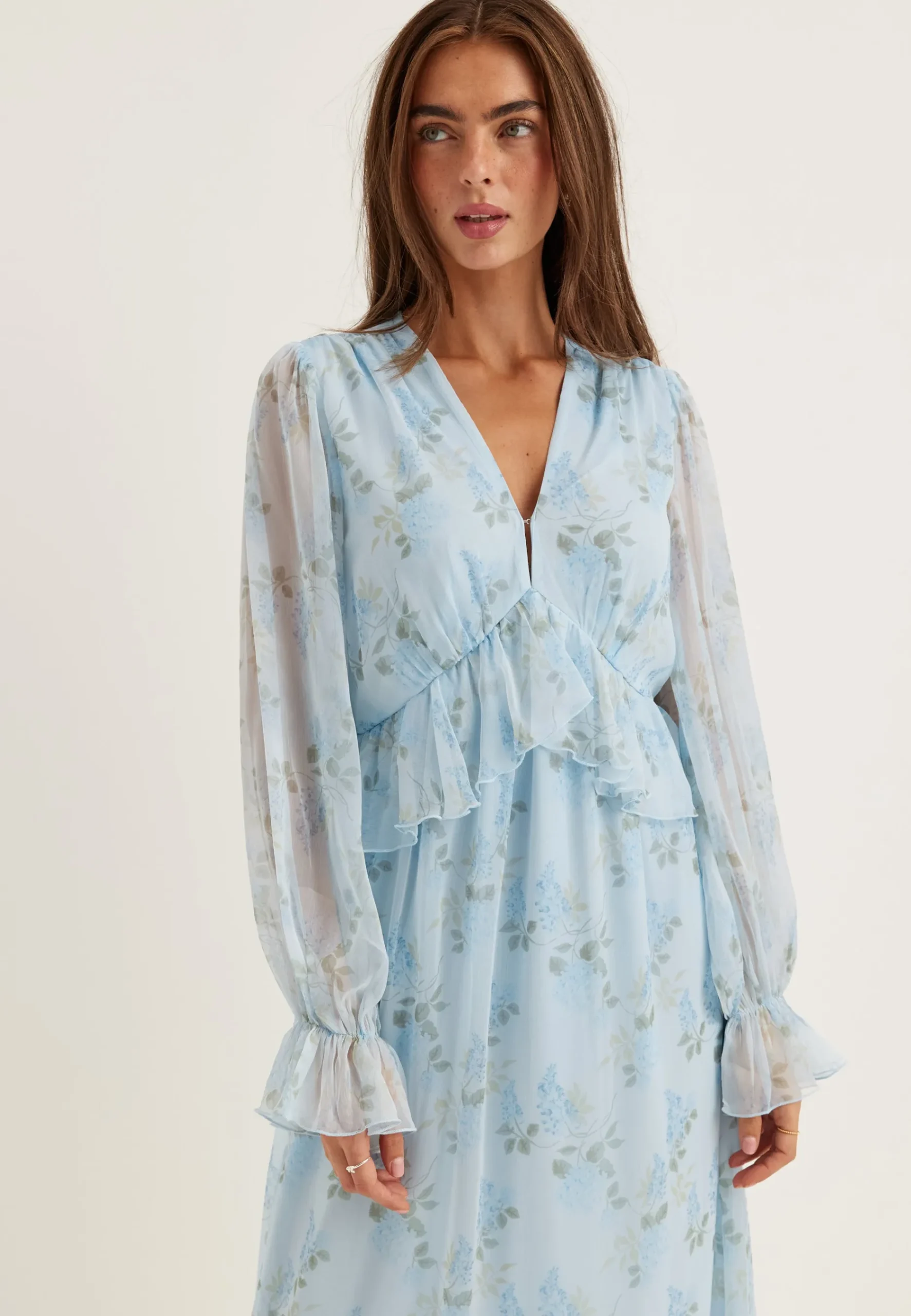 Frill L/S Chiffon Midi Dress