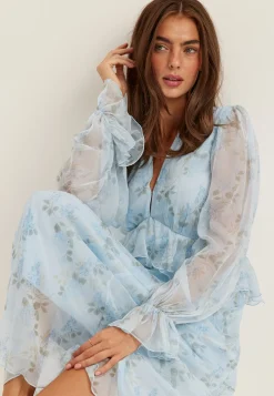 Frill L/S Chiffon Midi Dress