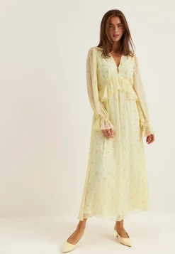 Frill L/S Chiffon Midi Dress