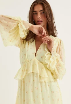 Frill L/S Chiffon Midi Dress