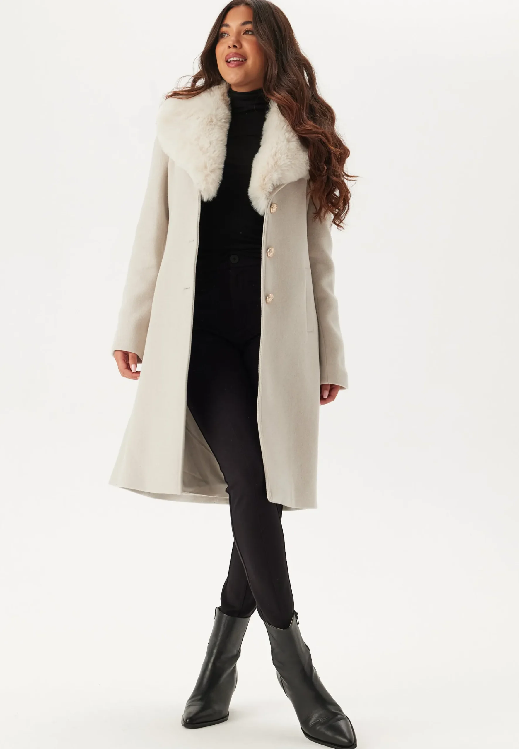Fur Collar Wool Blend Coat