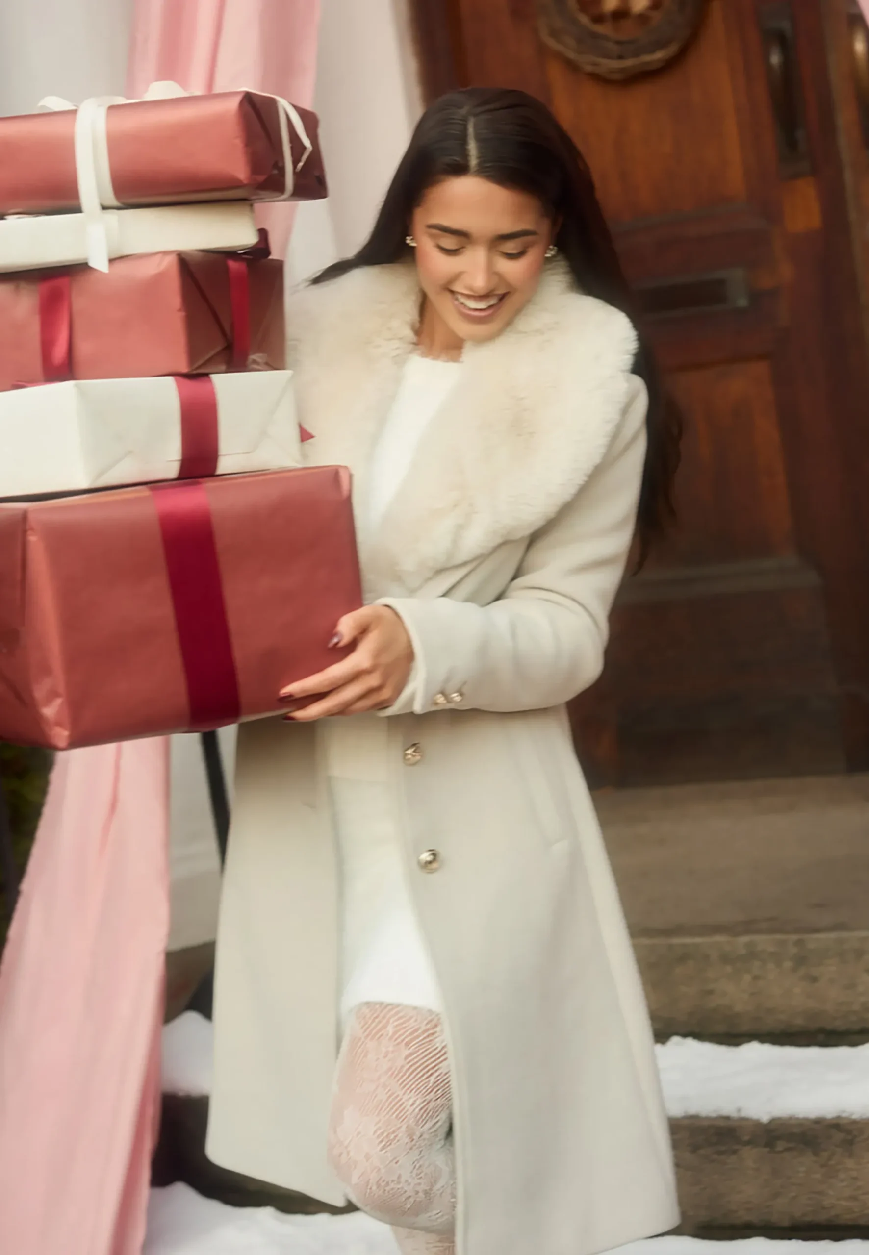 Fur Collar Wool Blend Coat