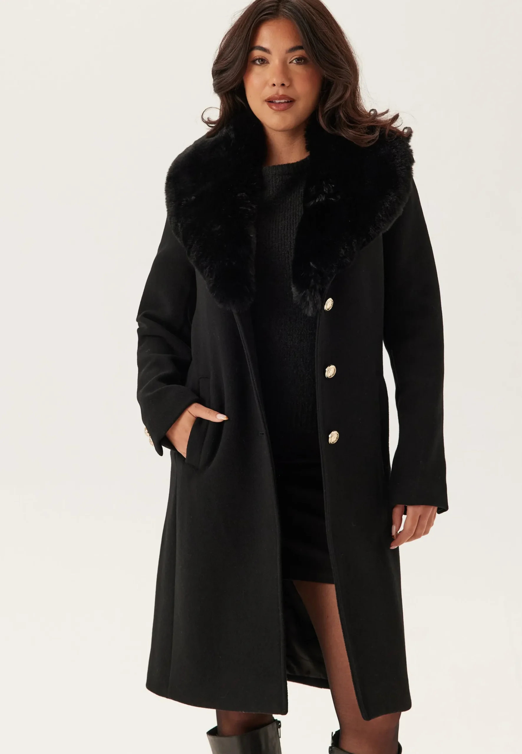 Fur Collar Wool Blend Coat
