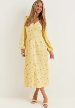 Midi Button Volume Sleeve Dress
