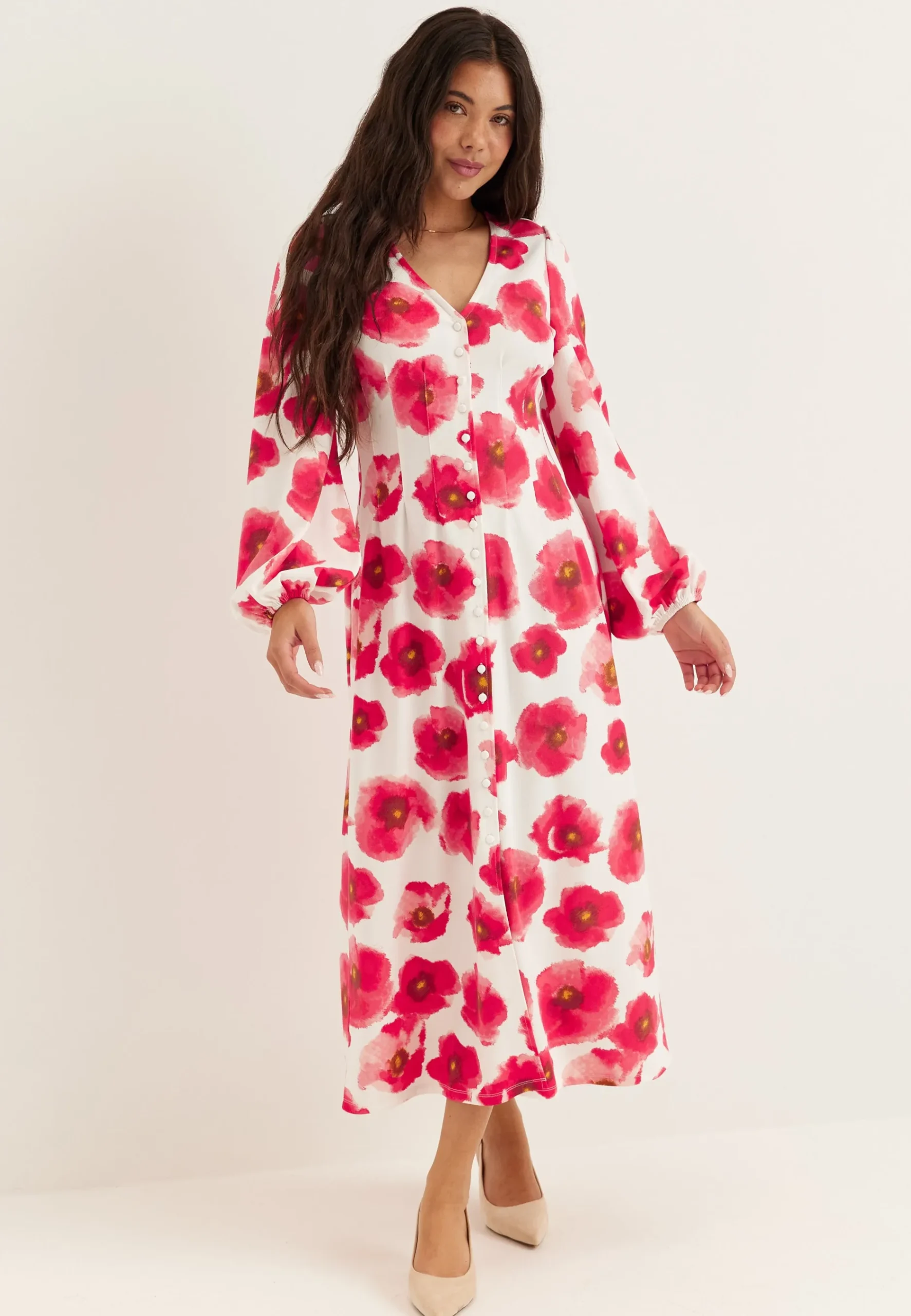 Midi Button Volume Sleeve Dress