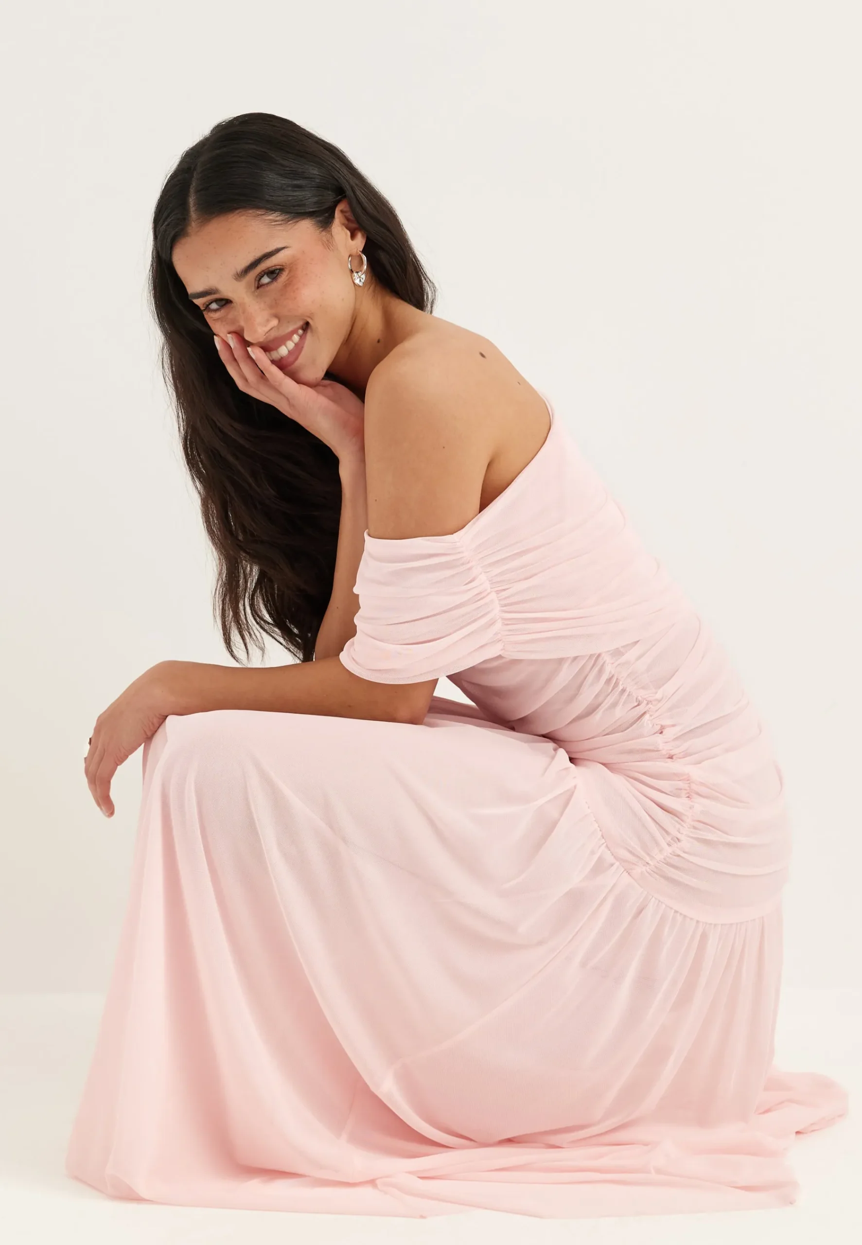 Off Shoulder Mesh Maxi Dress