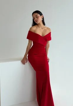 Off Shoulder Pleat Maxi Dress