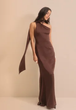 One Shoulder Scarf Satin Gown