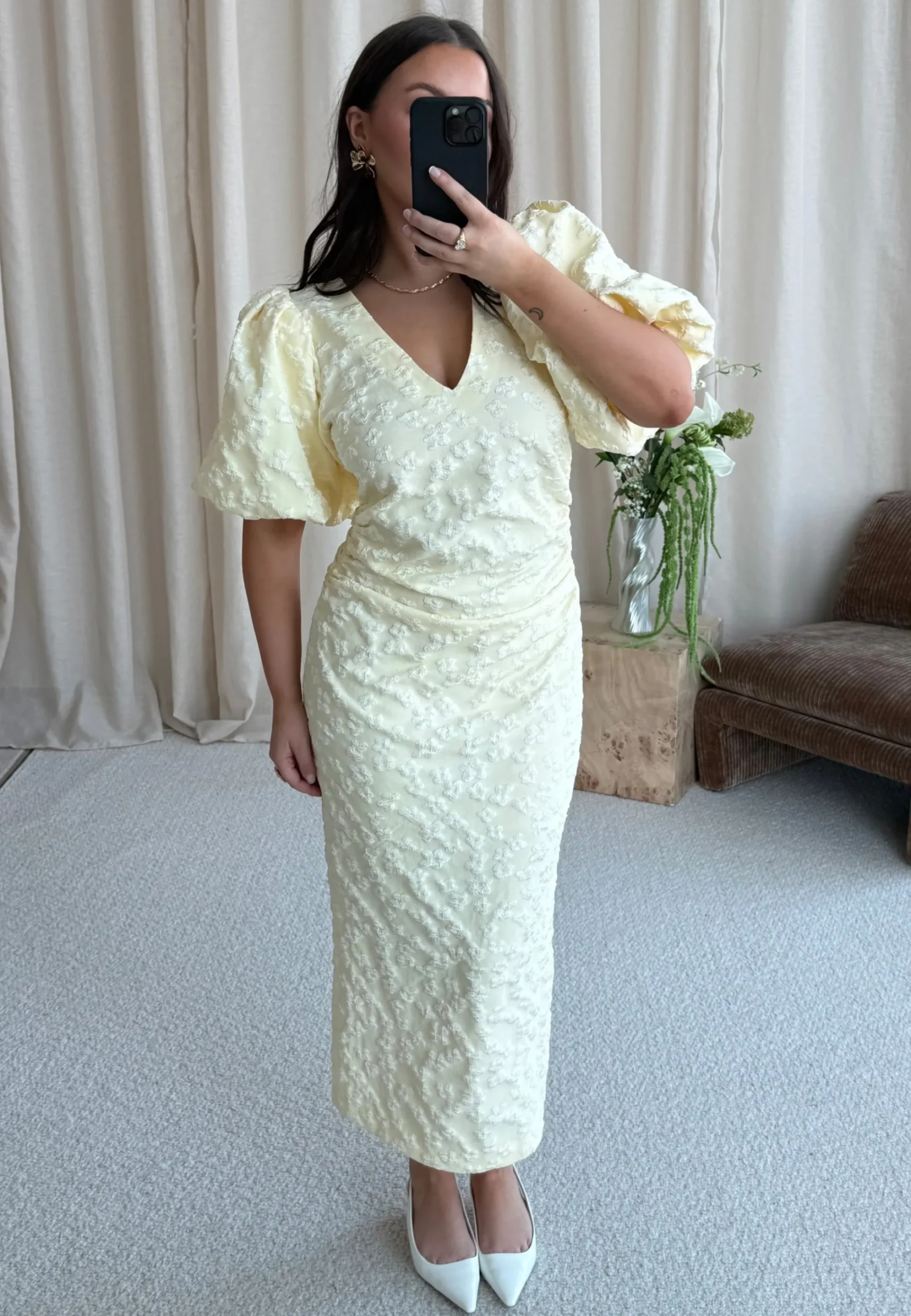 Puff Sleeve Jacquard Midi Dress