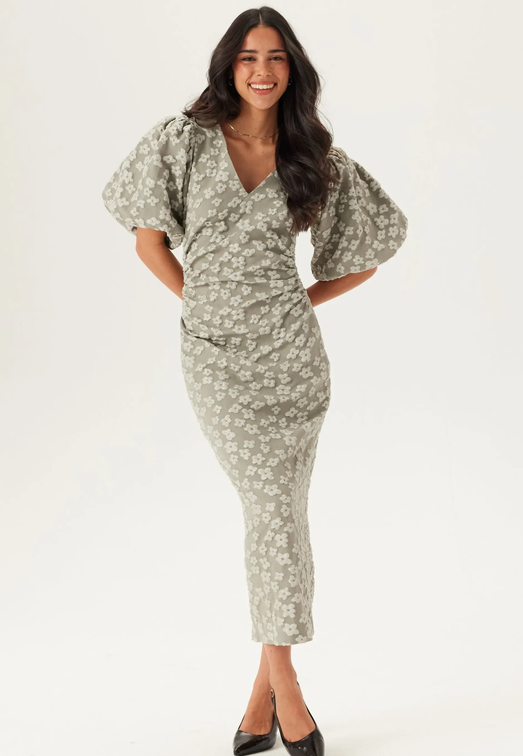 Puff Sleeve Jacquard Midi Dress