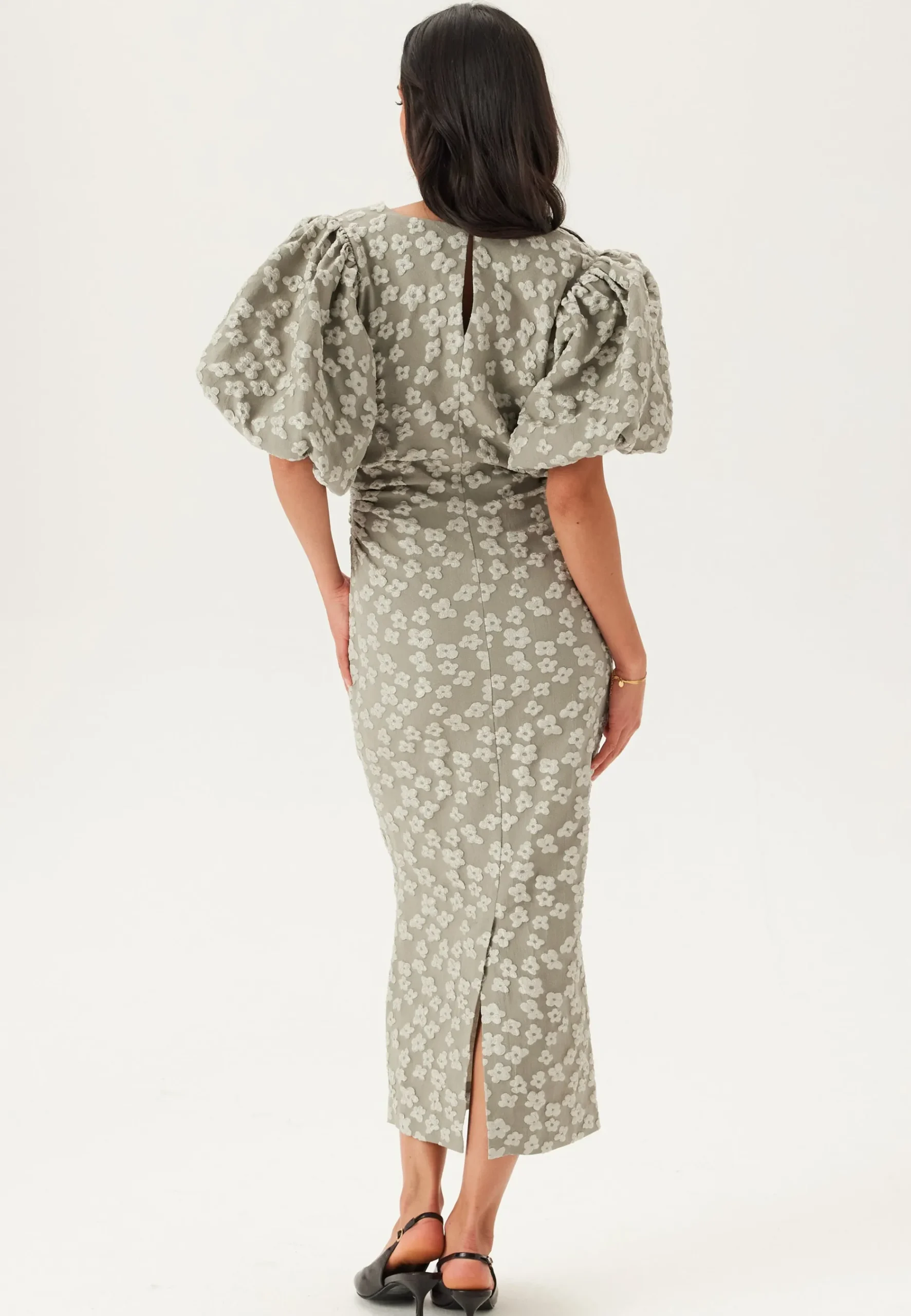 Puff Sleeve Jacquard Midi Dress