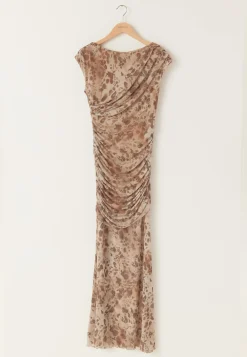 Ruched Asymmetric Mesh Ankle Dress