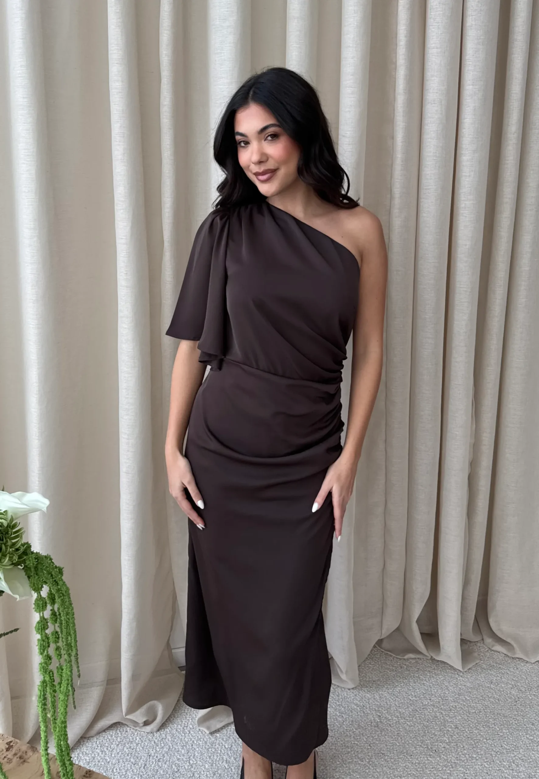 Ruched One Shoulder Midi Dress