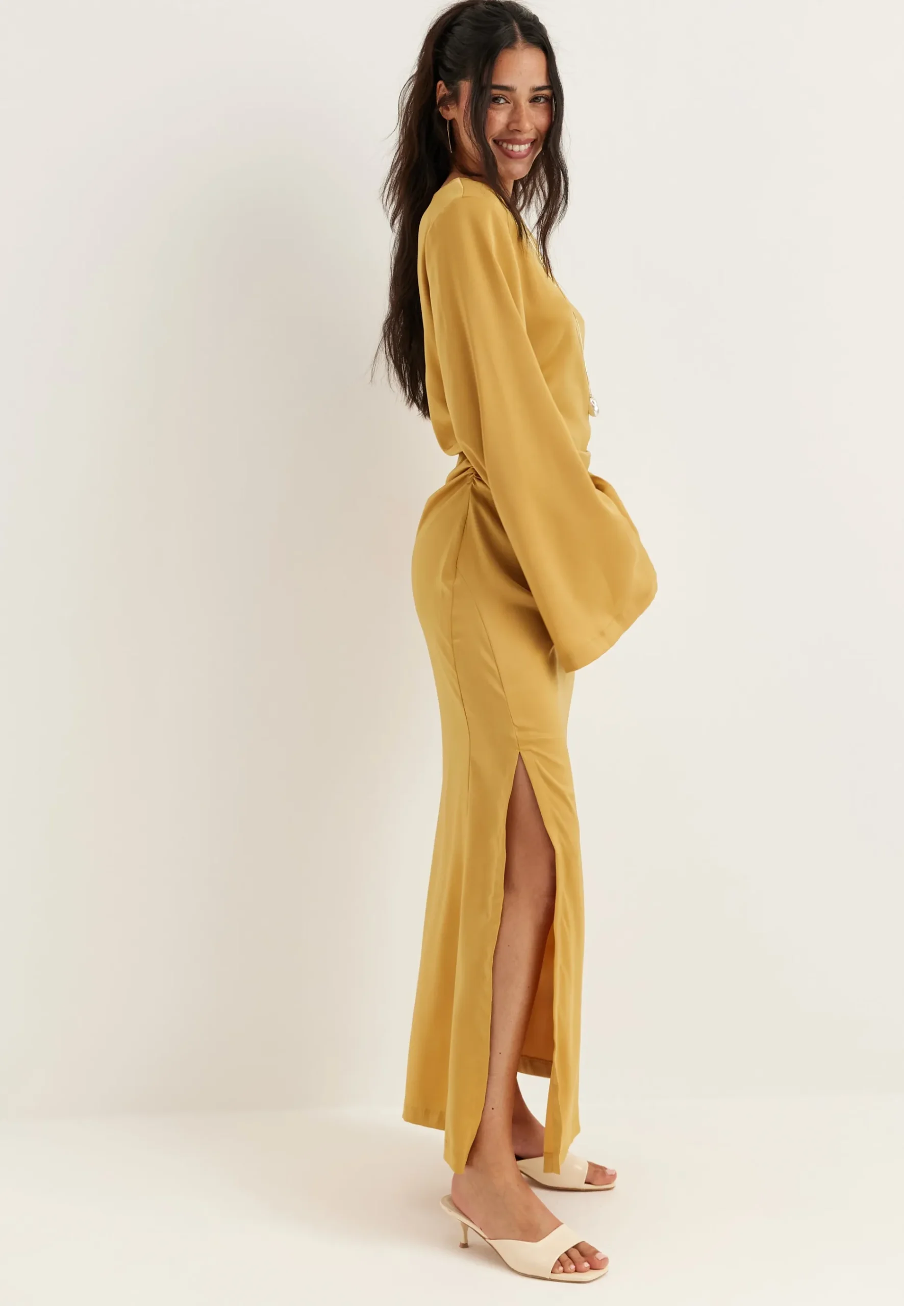 Ruched Satin Maxi Dress